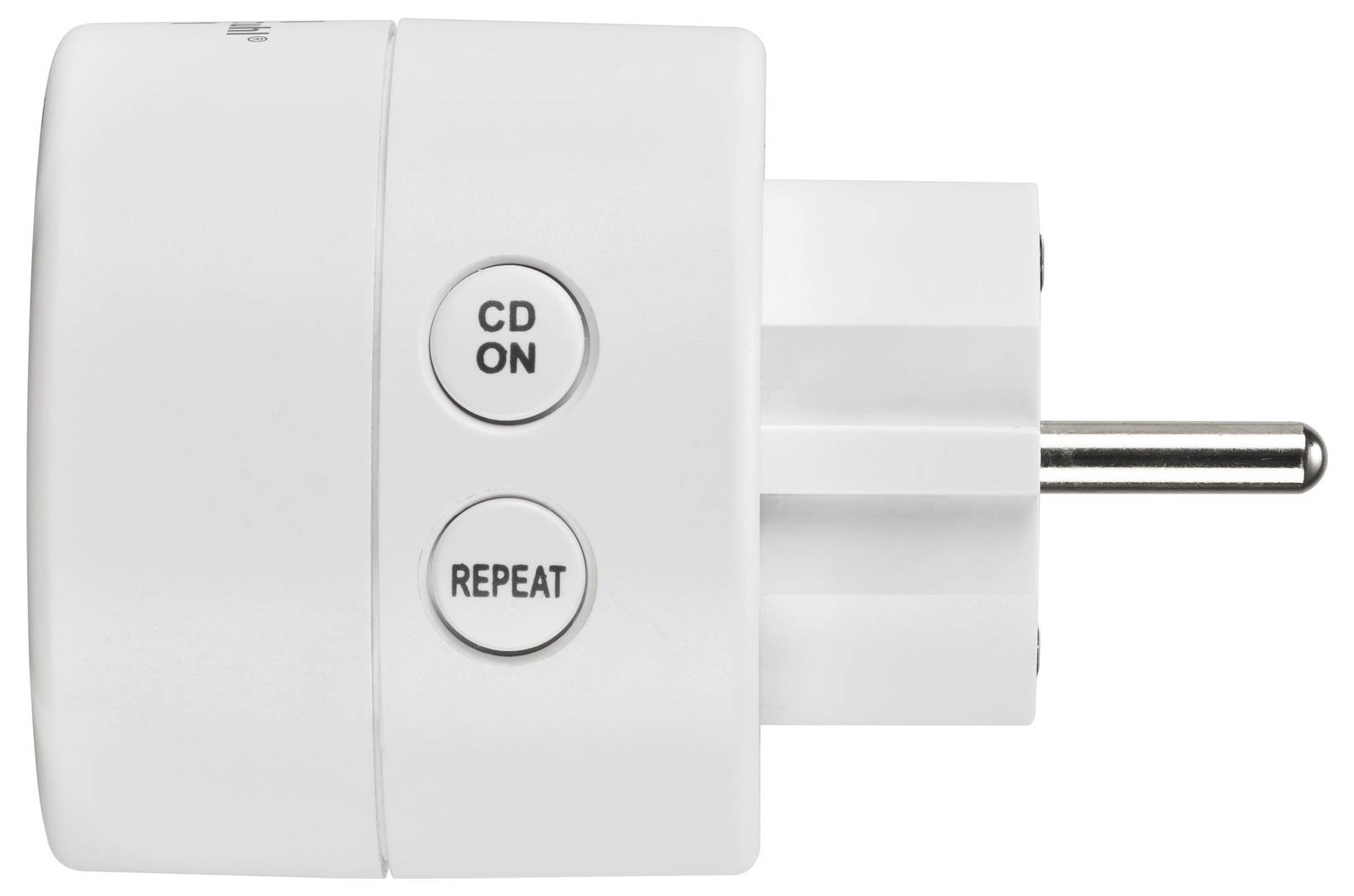 White electrical plug adapter with two buttons labeled 'CD ON' and 'REPEAT', side view with metal prongs visible<br>