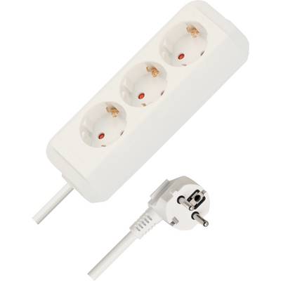 Three-socket white power strip with a grounded European plug and attached power cord.