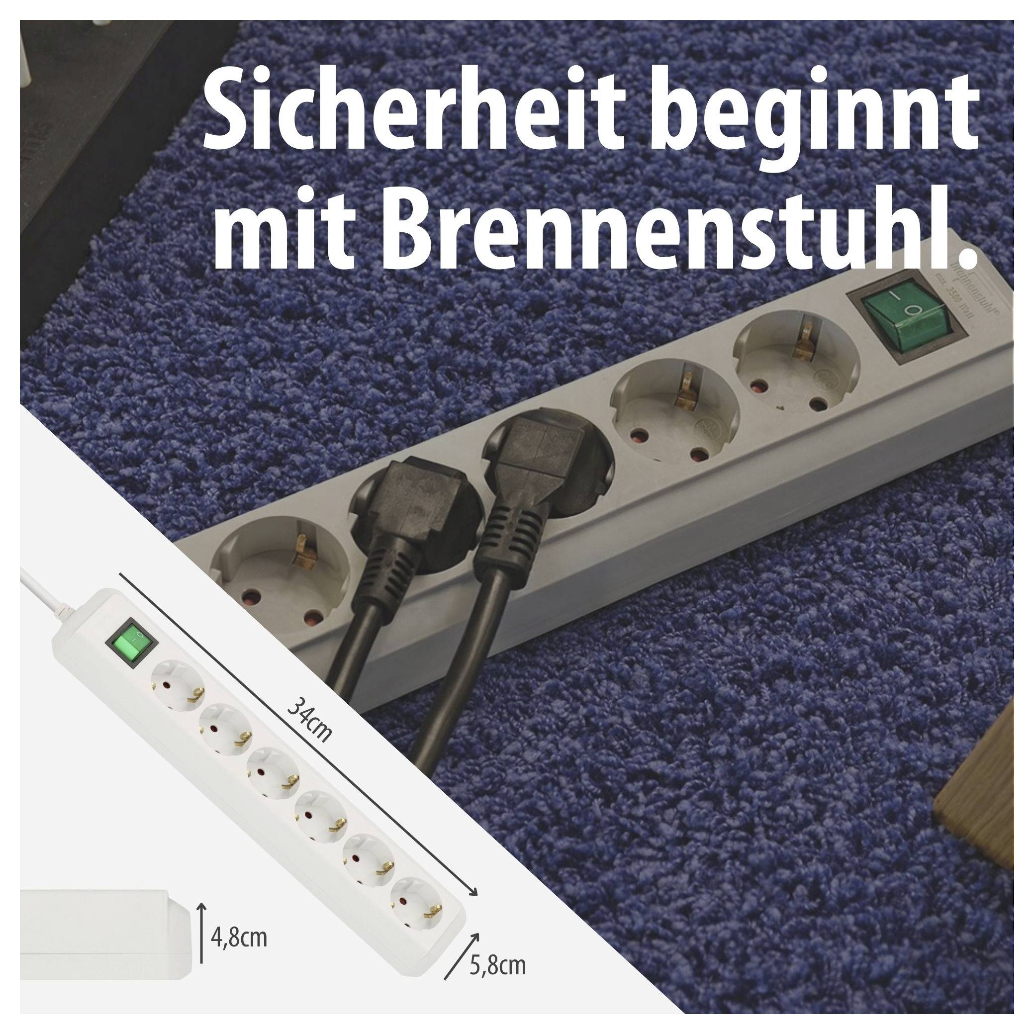 Brennstuhl power strip with switches; Text 'Safety begins with Brennstuhl.' and measurements 34 cm, 4.8 cm, 5.8 cm.