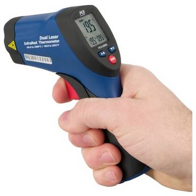 Hand holding a blue infrared dual-laser thermometer gun, showing a digital temperature reading on its display.<br>