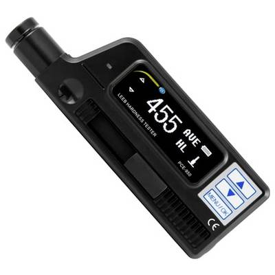 Digital handheld wood hardness tester showing 455 HUE HL on its display<br>