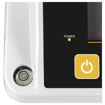 Close-up of a device control panel with a large yellow power button, a lit 'POWER' indicator, and a round metal button on the left.