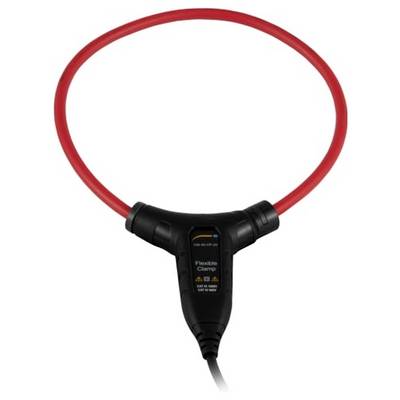 Black clamp-on flexible current probe with a red looped cable and attached lead on a white background