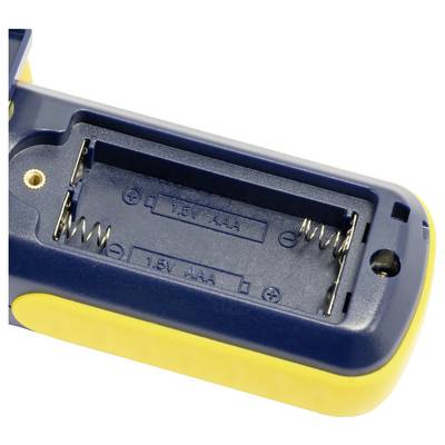 Close-up of a battery compartment for two AAA 1.5V batteries, showing positive and negative polarity markings inside a blue-and-yellow device.