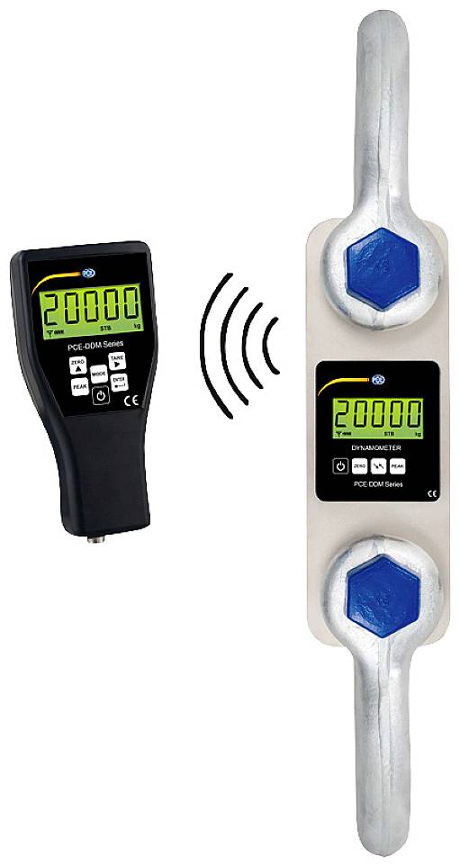 Digital force measuring device displaying '20,000' on the screen with wireless connection to a compatible handheld device, also showing '20,000'.