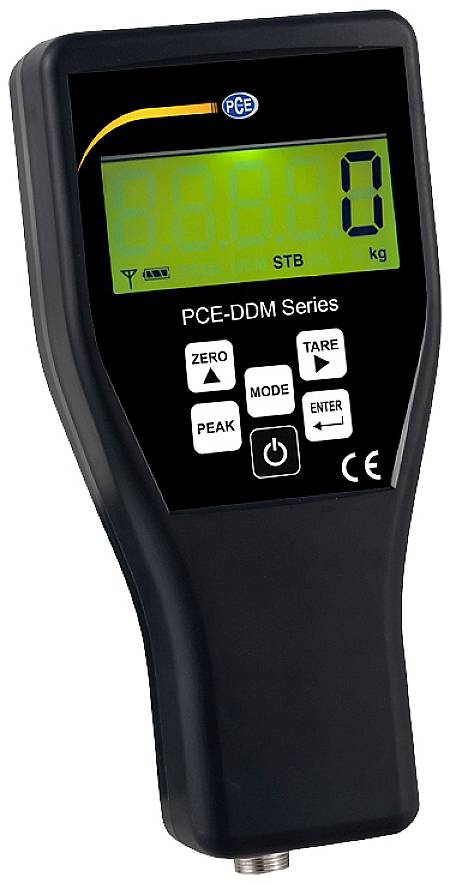 Digital handheld measuring device with display, showing weight in kilograms. Buttons for zeroing, mode selection, and input. Model series 'PCE-DDM'.