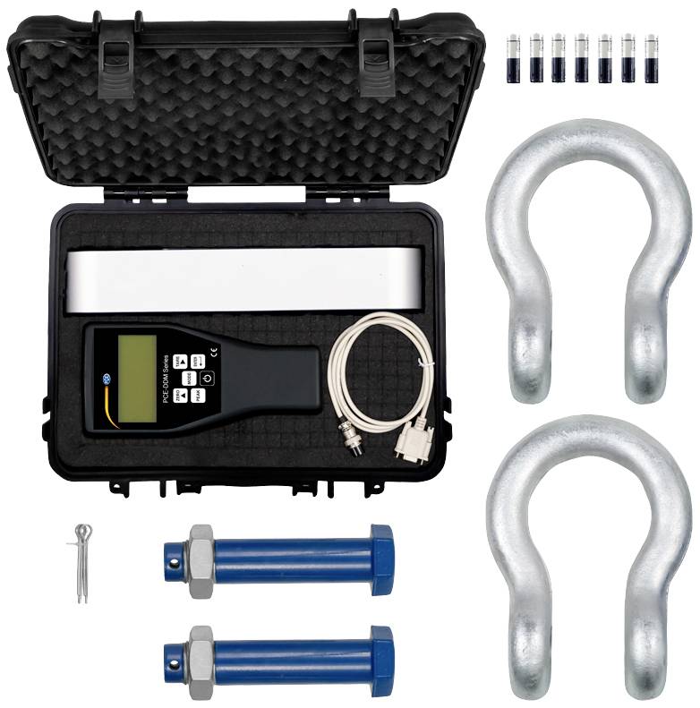 A suitcase containing a digital measuring device, two large shackles, USB cable, bolts and five small calibration ampoules.