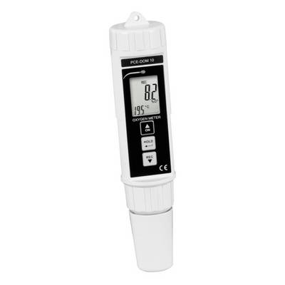 Portable PCE-DOM 10 oxygen meter showing 8.2% and 19.5°C on its digital display.