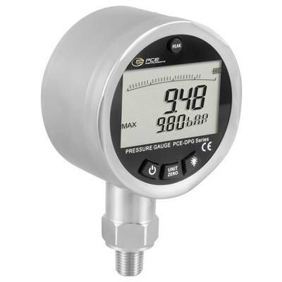 Digital pressure gauge showing 9.48 and max 9.80 bar, with a threaded metal connector and 'PCE-DPG Series' label.