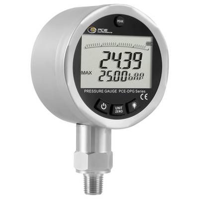 Digital pressure gauge display showing 24.39 and 25.00 bar on a PCE Instruments gauge.<br>
