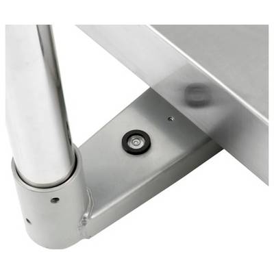 Close-up of a metal hinge bracket connecting a vertical pole to a diagonal support beam, showing a bolt and welded joint.