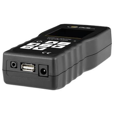 Black handheld Forda gauge meter with screen and control buttons, shown angled on a white background with USB, audio jack, and power ports visible.