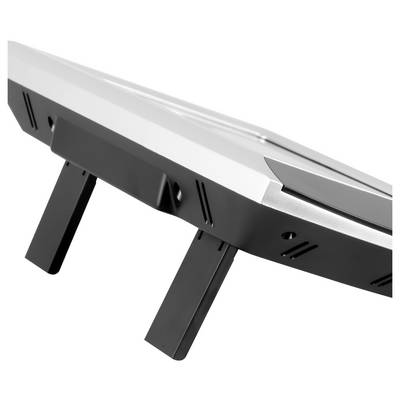Close-up of a black-and-silver foldable metal stand or bracket with two angled legs against a white background.