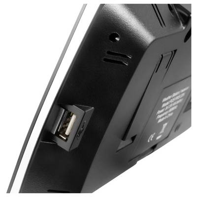 Close-up of the back of a digital photo frame showing a USB port and wall-mount/stand area.