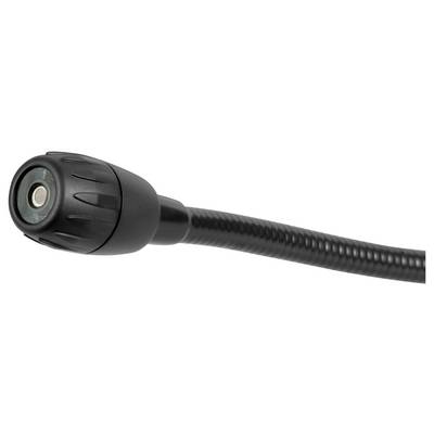 Close-up of a flexible black hose with a cylindrical spray nozzle head and visible opening, isolated on a white background.