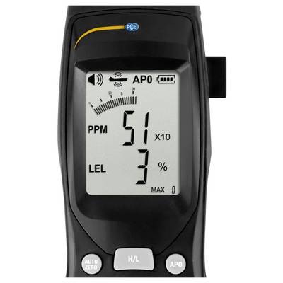 Handheld gas detector showing a reading of 51 PPM and 3% LEL, with alarm and battery icons visible.