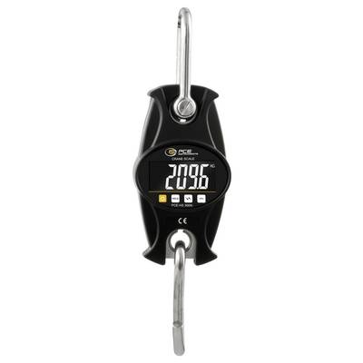 Digital hanging crane scale displaying 209.6 kg, with top hook and bottom hook attached.