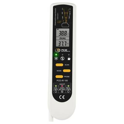 Handheld infrared thermometer showing dual temperature readings of 38.8°F on the upper display and 37.7°F on the lower display, with scan and probe buttons.
