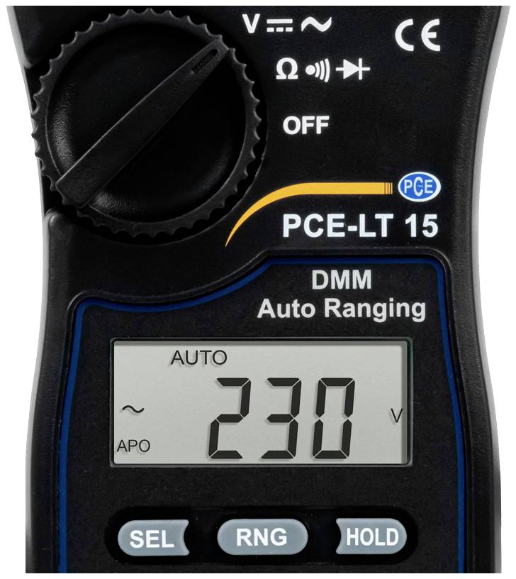 A digital multimeter displays a voltage of 230 volts in automatic range mode. Device is switched off; brand name visible.