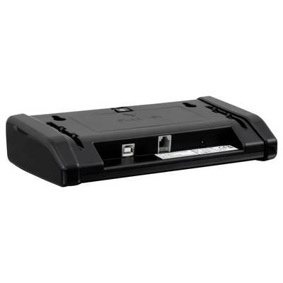 Black wireless networking device or modem with front ports and indicator lights shown in perspective on a white background