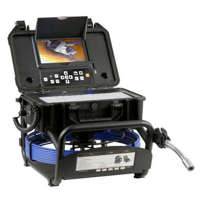 Portable sewer inspection camera system with open monitor case, control panel, coiled blue cable, and attached probe wand.<br>