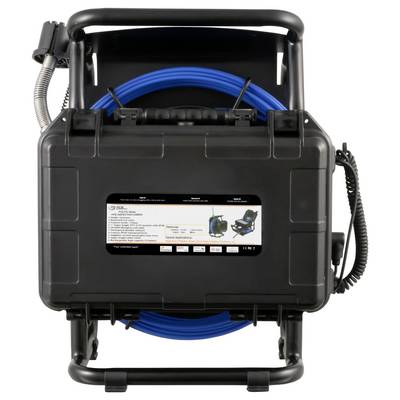 Black portable equipment case with a handle, blue coiled hose, and attached cord, shown against a white background.