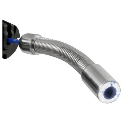Close-up of a flexible corrugated metal hose or conduit with shiny fittings, connected to a black nozzle on a white background.