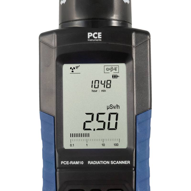 Portable radiation detector showing 2.50 µSv/h, operational duration 148 minutes, capable of measuring Alpha, Beta and Gamma radiation.