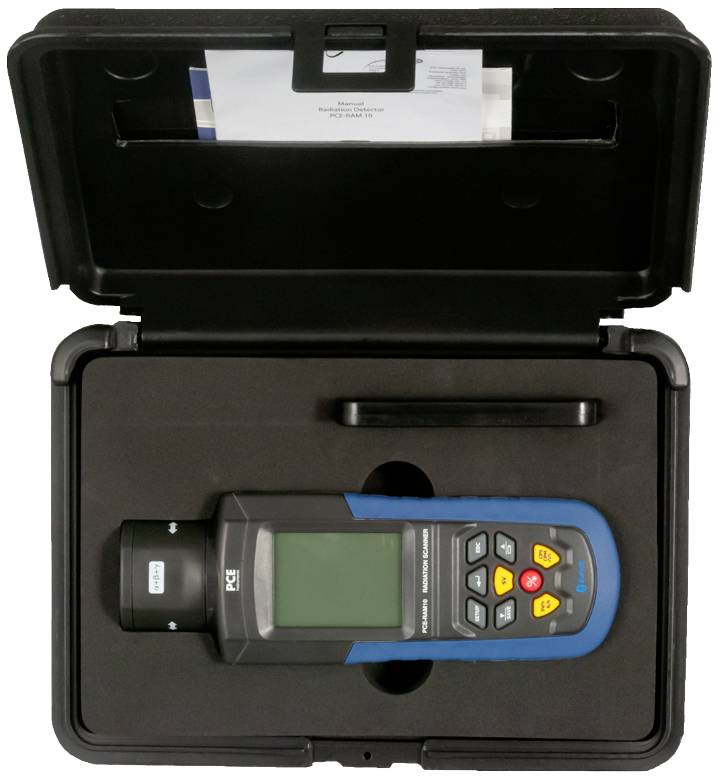 A portable measuring device in a black case. It displays a screen with several control buttons, including a red and yellow button.