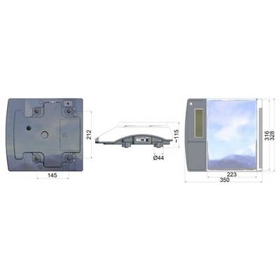 Technical drawing of a square wall-mounted device shown in front, side, and front-facing views with dimensions labeled 145, 212, 44, 115, 223, 316, 328, and 350.