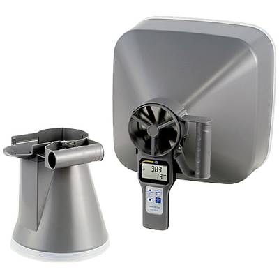 Two anemometers for measuring air flow and volume flow. One displays a digital screen with readings in cubic metres per hour.