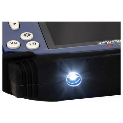 Close-up of a projector or media device control panel with buttons and a glowing blue power indicator light.