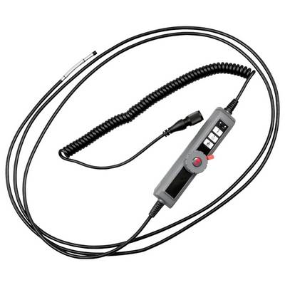 Coiled inspection camera cable with a handheld controller, probe, and button controls on a white background.