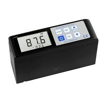 Digital whiteness meter showing a measurement of 87.6 on its display, with control buttons for save, delete, read, and calibration.