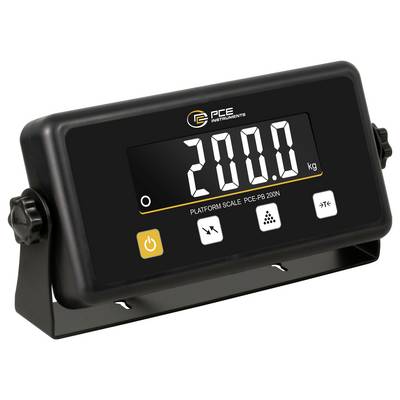 Digital platform scale display showing 200.0 kg with PCE Instruments branding and control buttons on a black angled panel.