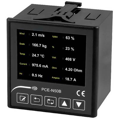 Black electronic measuring device with display shows wind speed, weight, temperature, voltage, current, resistance, and frequency.