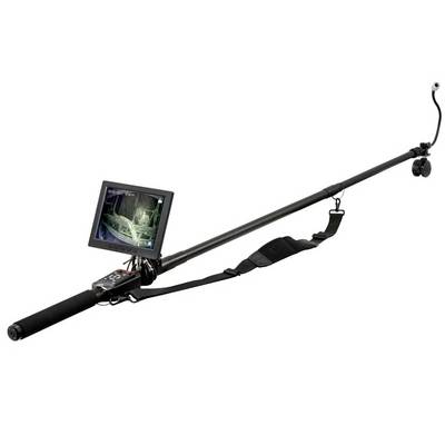 Portable inspection camera on a long pole with a monitor, handle, and shoulder strap, used for viewing hard-to-reach areas.