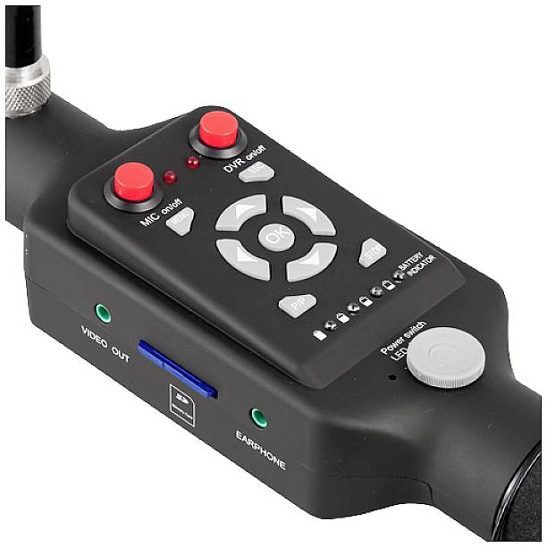 Device for video and audio capture with control buttons, including red buttons for microphone and DVR, along with sockets for video output and headphones.