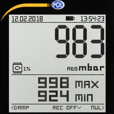 'Digital barometer display shows 983 mbar, with maximum 998 mbar and minimum 924 mbar. Date: 12/02/2018, Time: 13:54:23.'