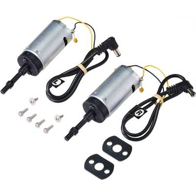 'Two electric motors with cables and plugs, each with four screws and two rubber seals. Suitable for technical applications.'
