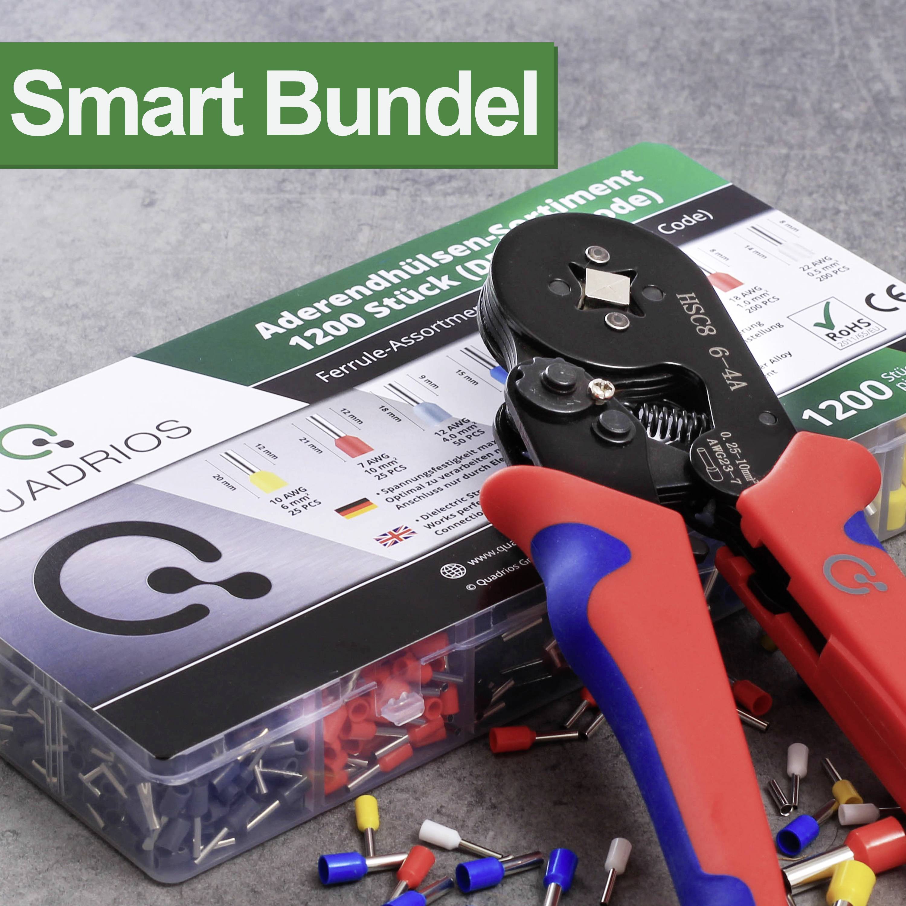 Tool for crimping cable end ferrules in front of a box containing 1,200 coloured cable end ferrules. Text: 'Smart Bundle'. Brand name: Quadrios.