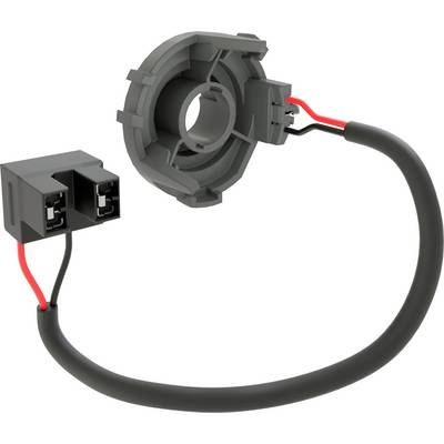 A black cable adapter with two connections and a circular plug module. Connects components within an electrical system.