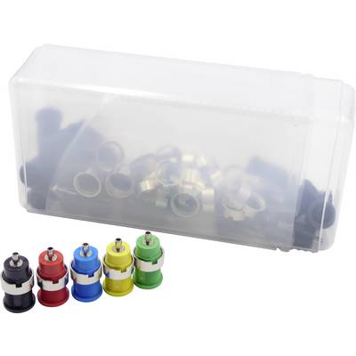 A set of four banana plugs in different colours (black, red, yellow, green, blue) in front of a clear plastic box.