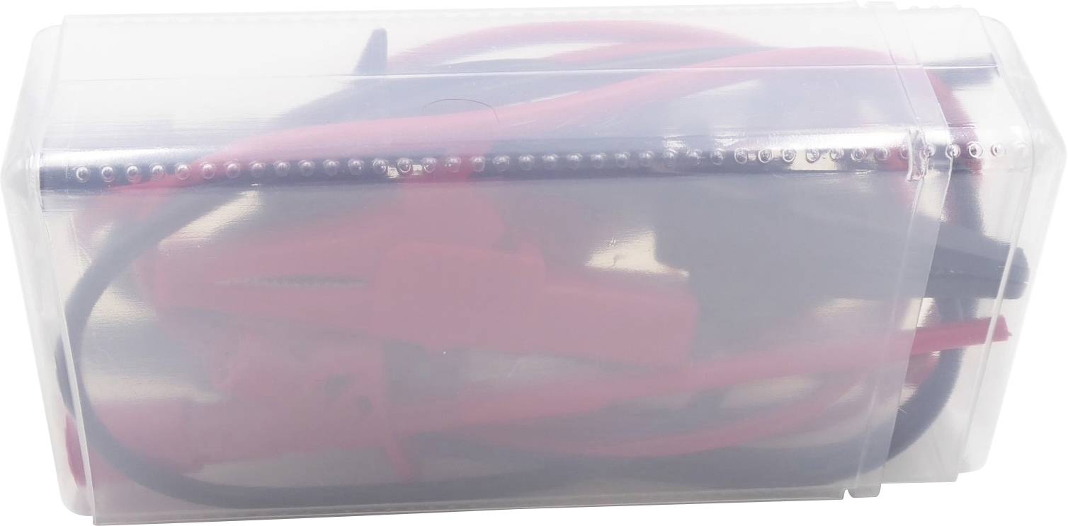 A transparent plastic case containing several cables and clips. The cables are red and black.