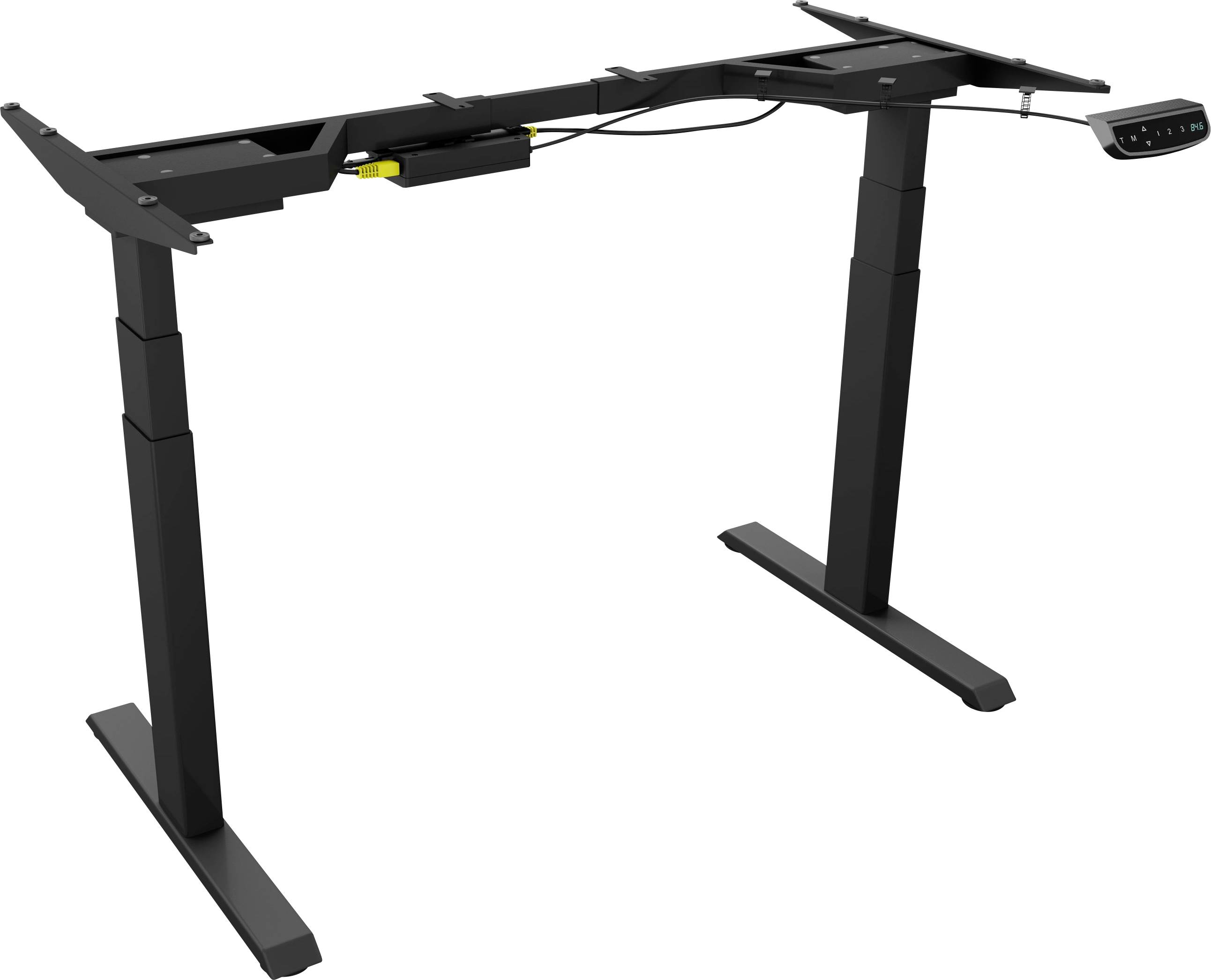 Black adjustable desk frame with electric motor, two telescopic legs, and a control panel for height adjustment.