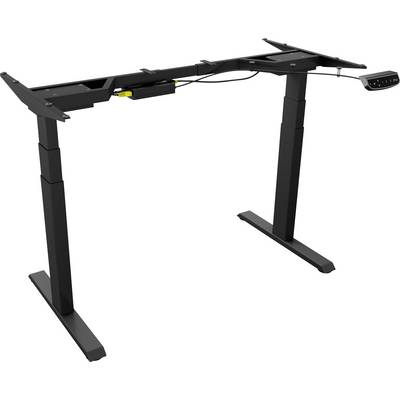 Black adjustable desk frame with electric motor, two telescopic legs, and a control panel for height adjustment.