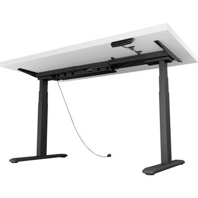 Height-adjustable desk with a black frame, white tabletop and electronic control unit for adjusting the height.