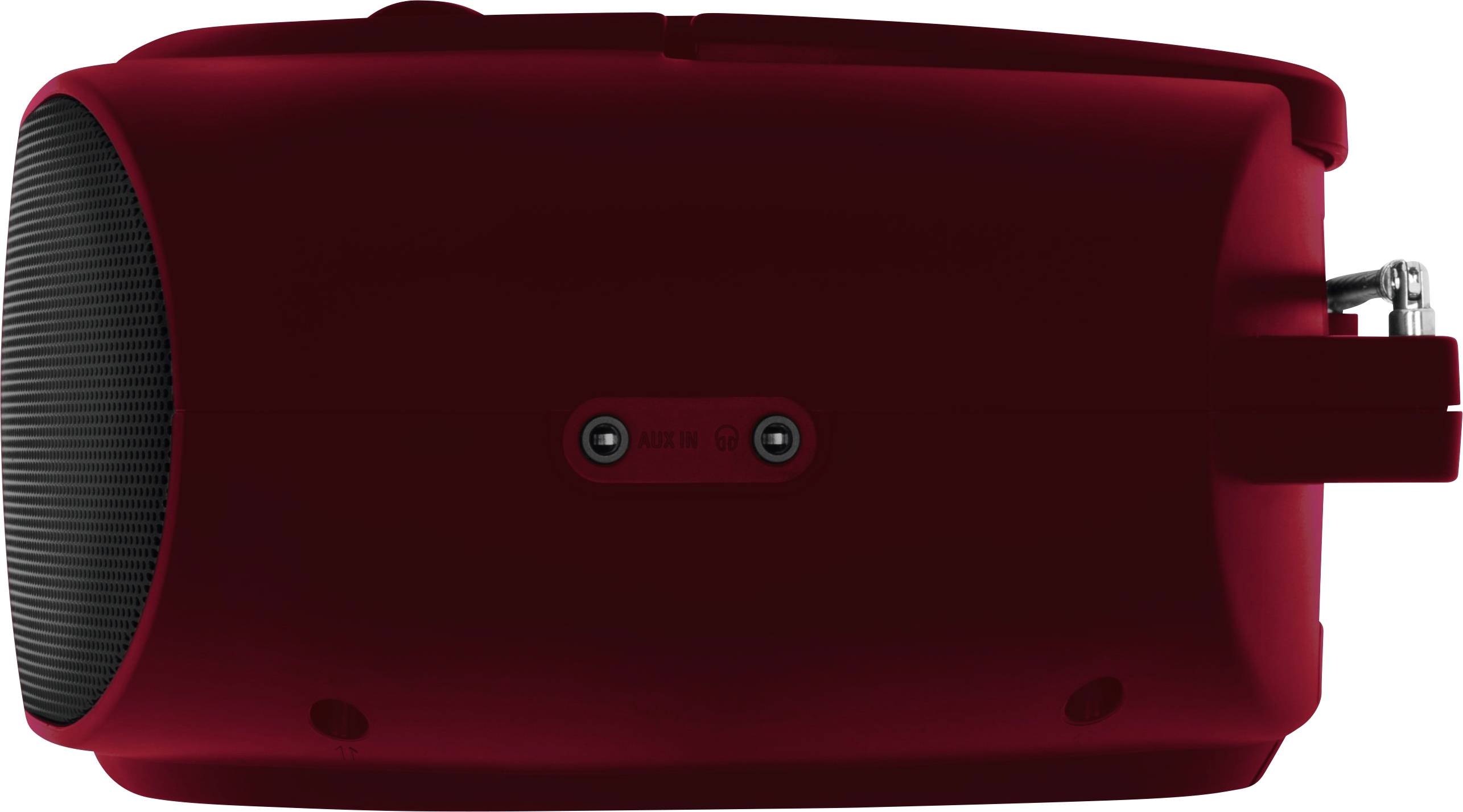 A red, portable speaker with a black speaker grille, viewed from the side. A carry handle is visible on the right.