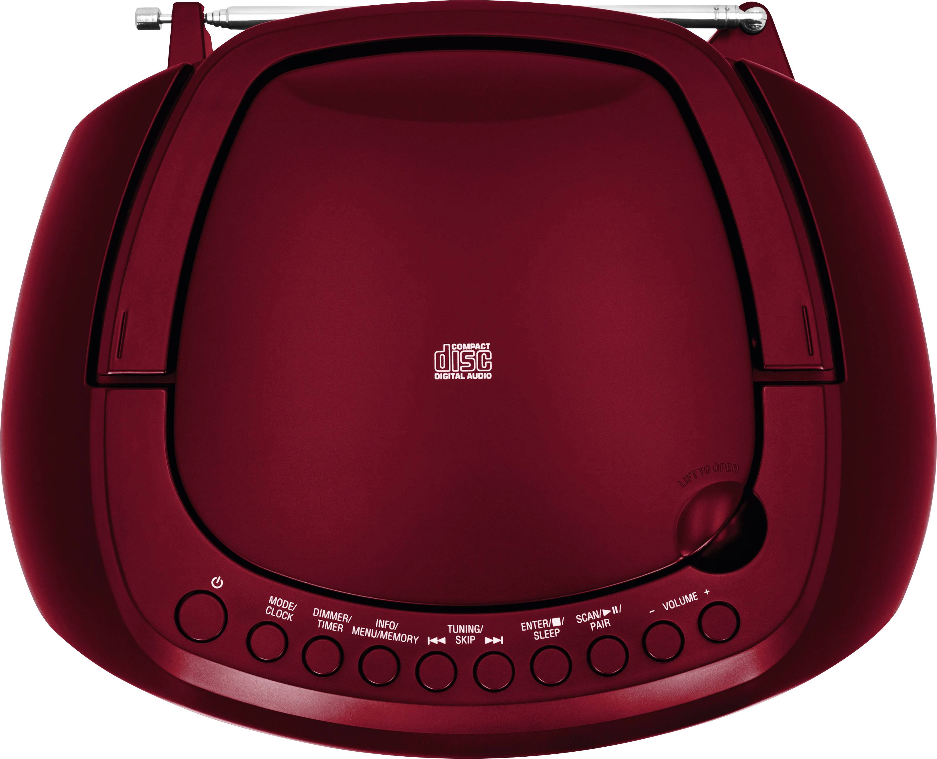 A red portable CD player by the brand 'Memorex', with control buttons for play, stop, skip, volume, and radio.