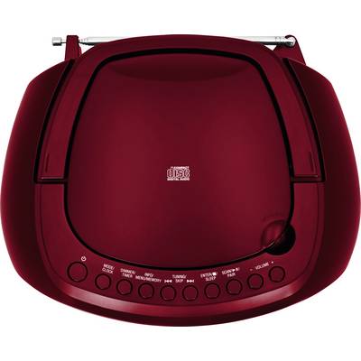 A red portable CD player by the brand 'Memorex', with control buttons for play, stop, skip, volume, and radio.